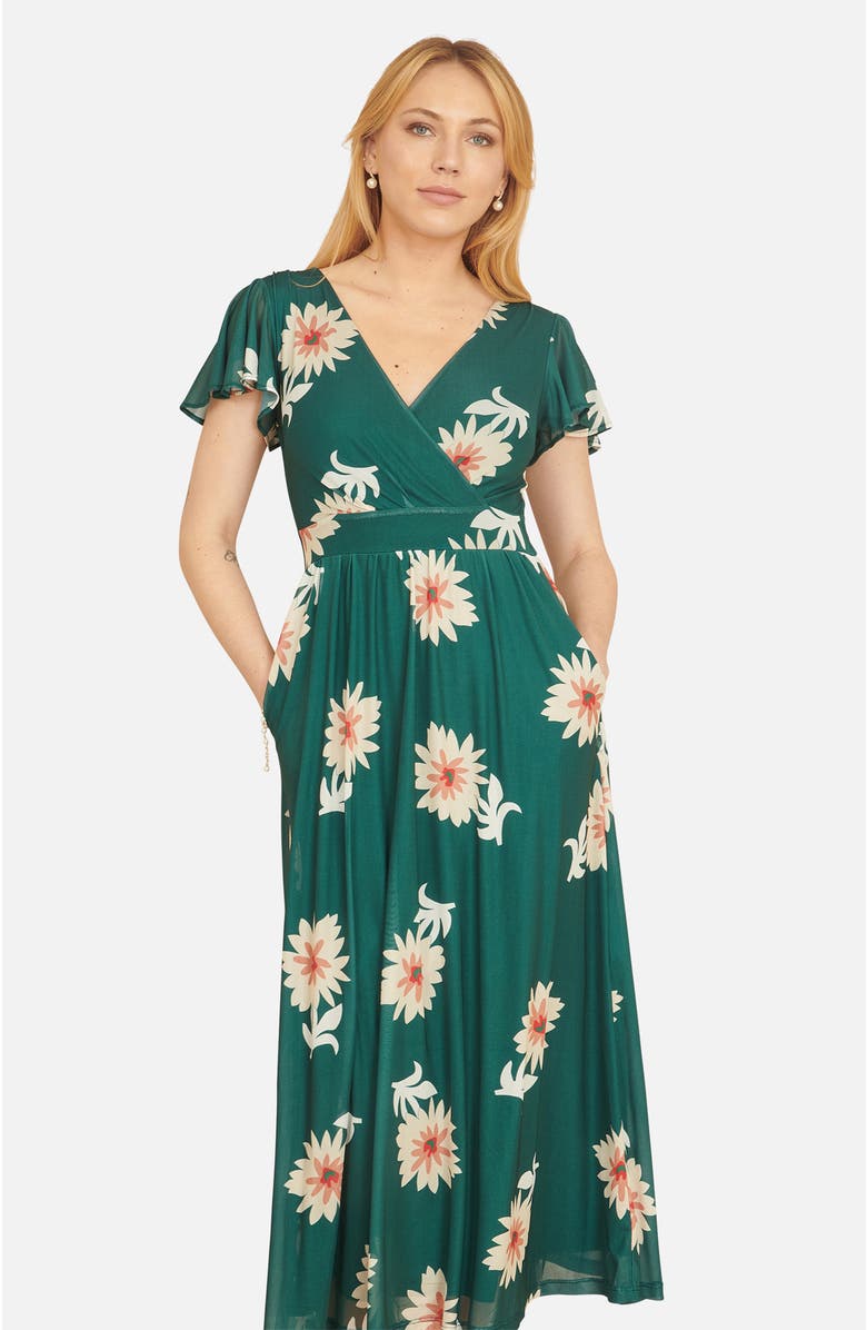 Yumi Mesh Flower With Pockets Wrap Midi Dress, Alternate, color, Green