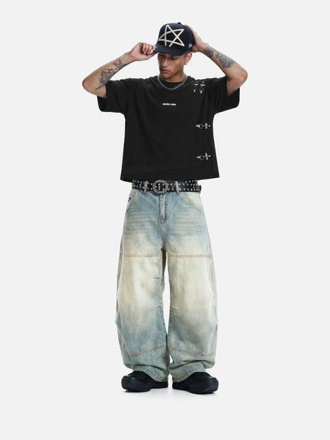 Washed Panel Baggy Barrel Jeans