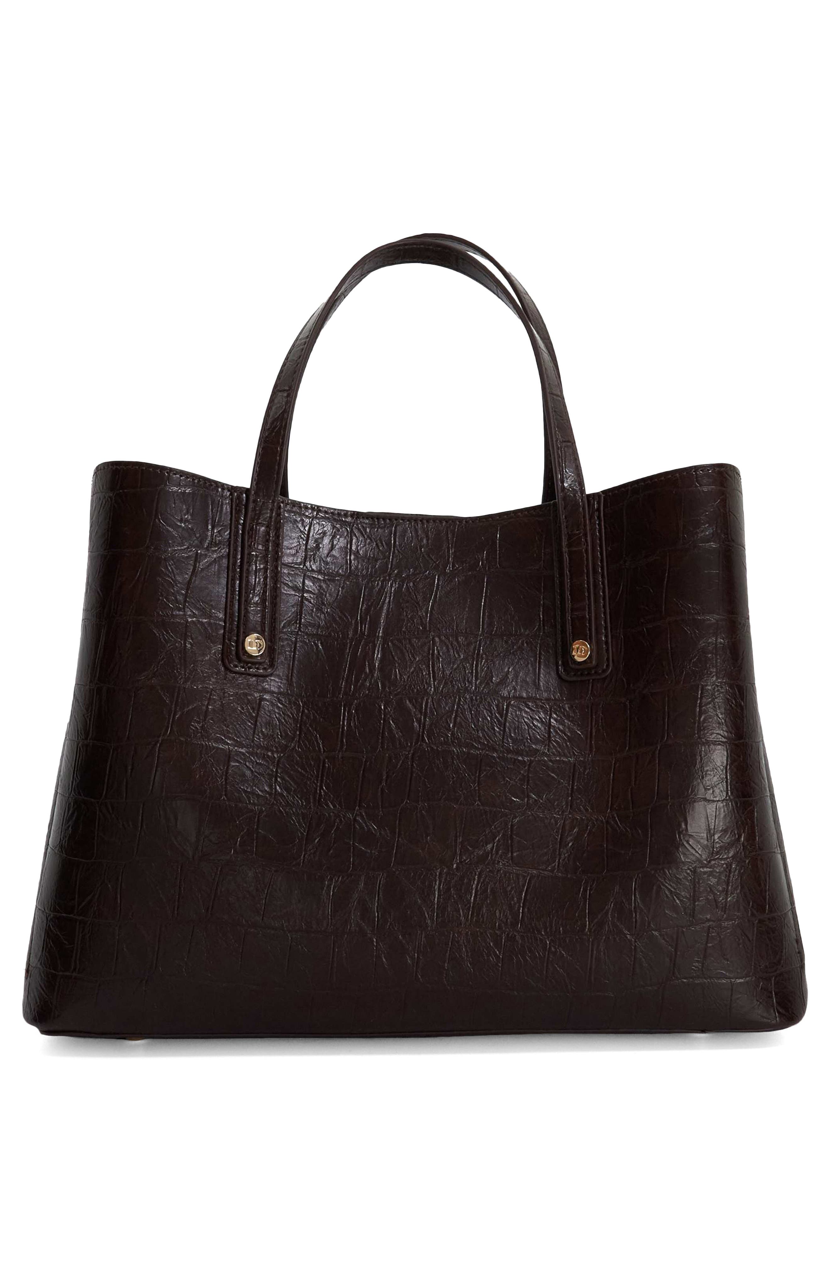 Dorrie Croc Embossed Faux Leather Tote, Alternate, color, DARK BROWN