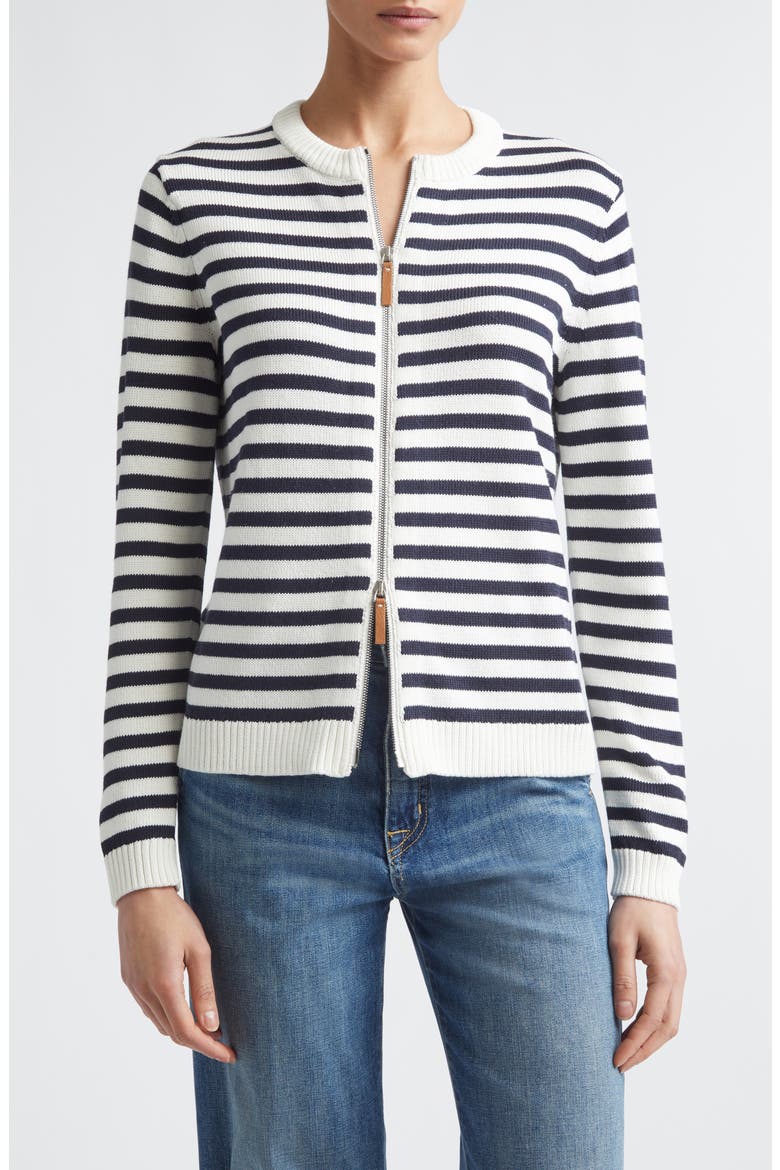 Stripe Cotton & Silk Zip Cardigan, Main, color, CLOUD/ INK