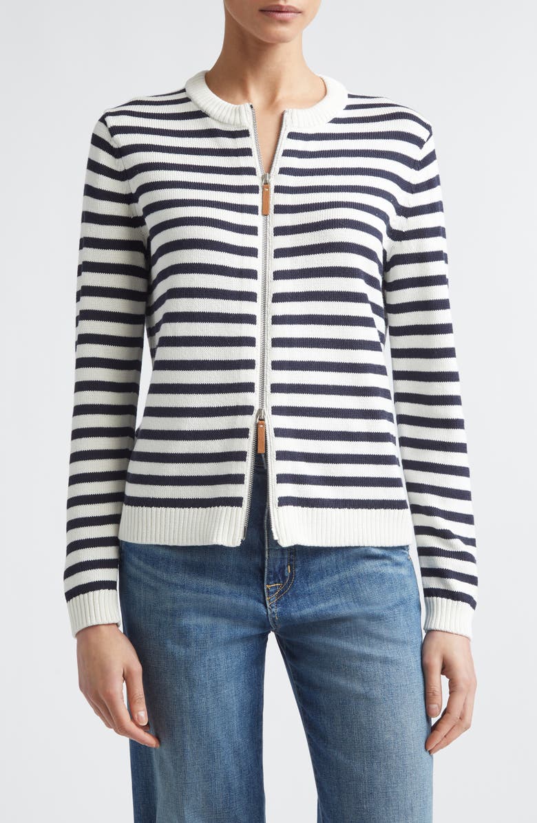 Lafayette 148 New York Stripe Cotton & Silk Zip Cardigan, Main, color, Cloud/ Ink