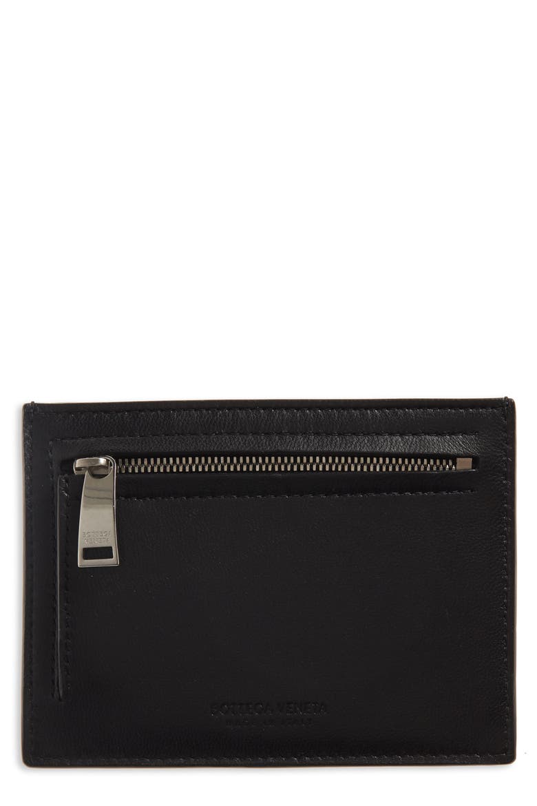 Intrecciato Leather Card Case, Alternate, color, NERO/ SILVER