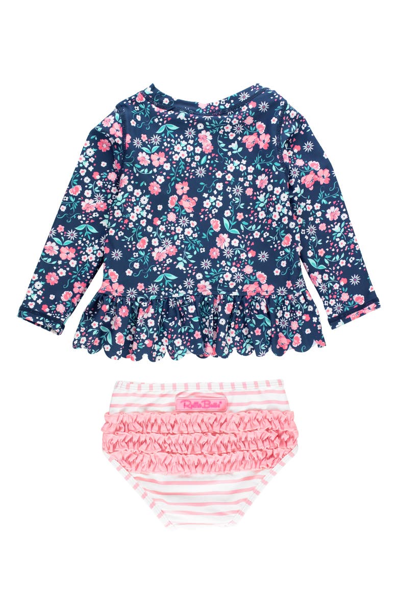 RuffleButts Moonlit Meadow Scalloped Long Sleeve Two-Piece Rashguard Swimsuit, Alternate, color, Blue