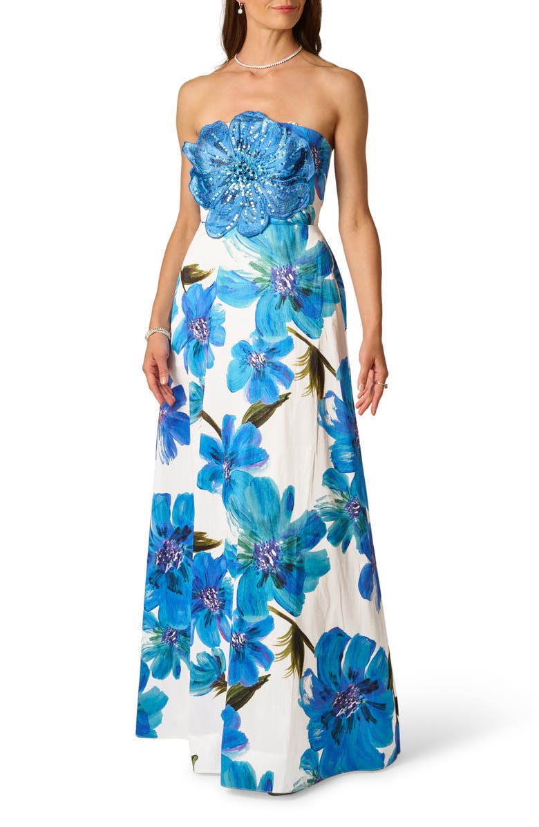 Adrianna Papell Floral Print Strapless Gown, Main, color, Ivory/ Blue Multi