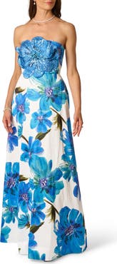 Adrianna Papell Floral Print Strapless Gown