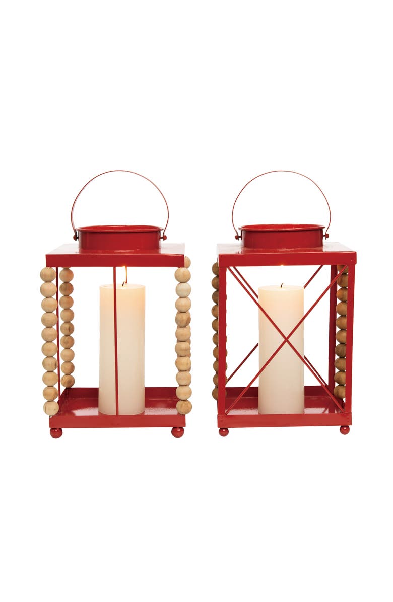 Transpac Metal Red Beaded Lantern Set of 2 Christmas Decor, Main, color,