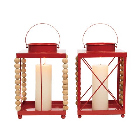 Metal Red Beaded Lantern Set of 2 Christmas Decor