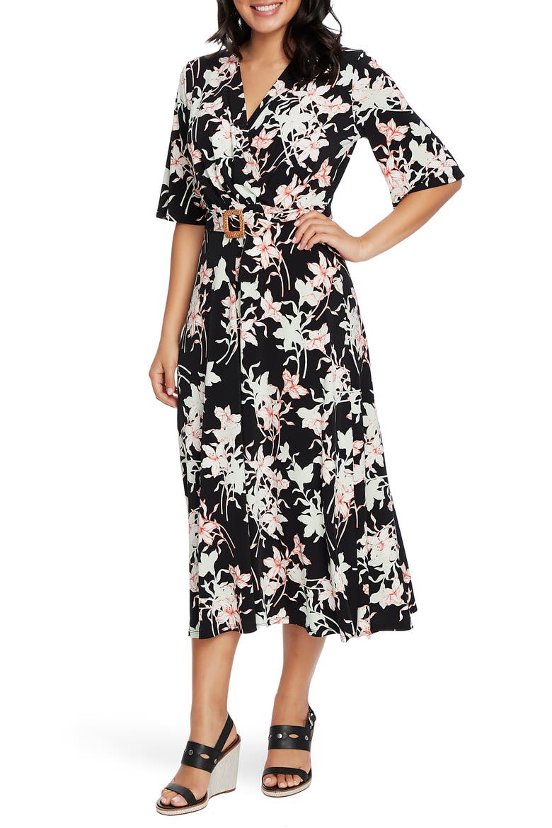 Floral Wrap Front Belted Midi Dress, Alternate, color, RICH BLACK