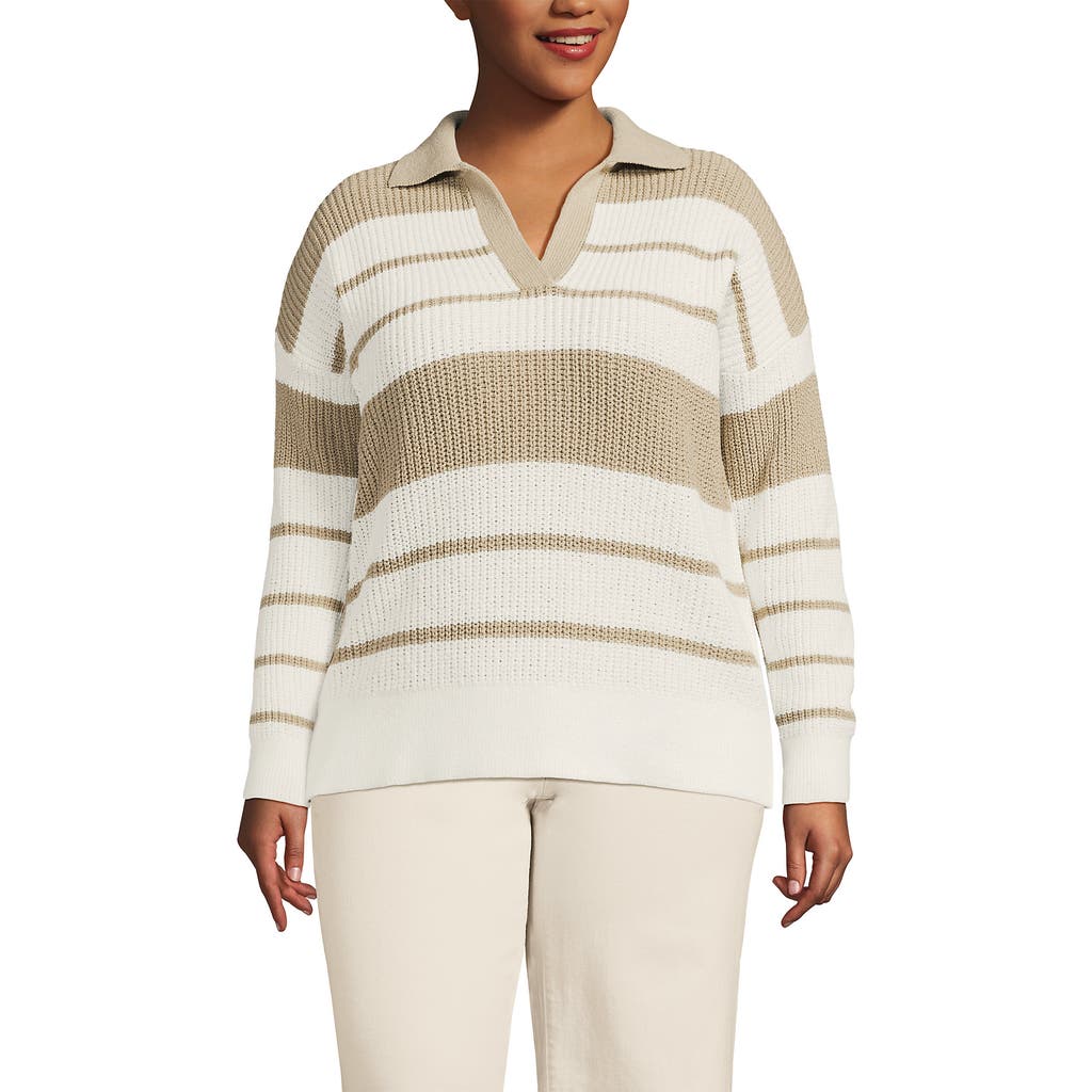 Lands' End Cotton Boucle Johnny Collar Textured Sweater In Ivory/champagne Stripe