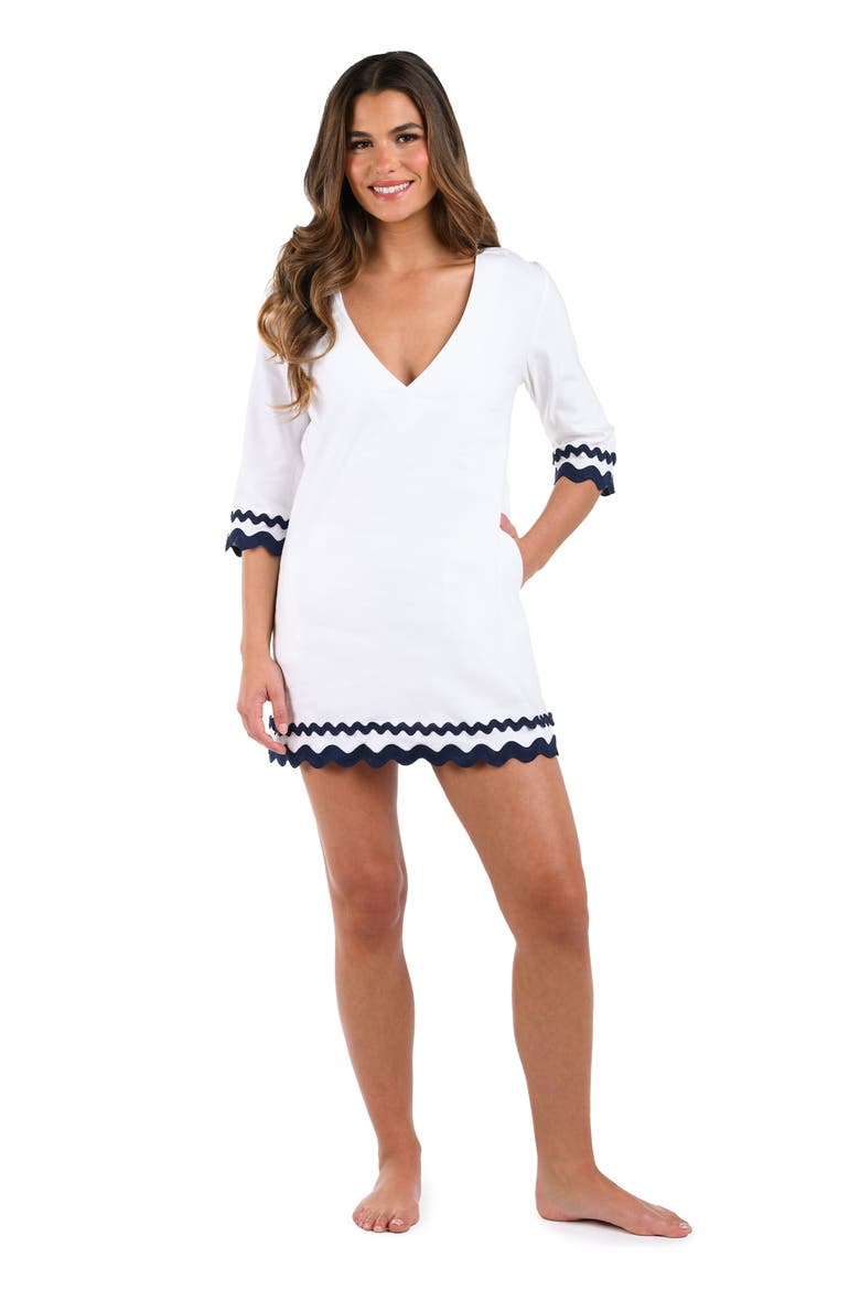 Scallop Trim V-Neck Linen Blend Cover-Up Tunic, Alternate, color, WHITE