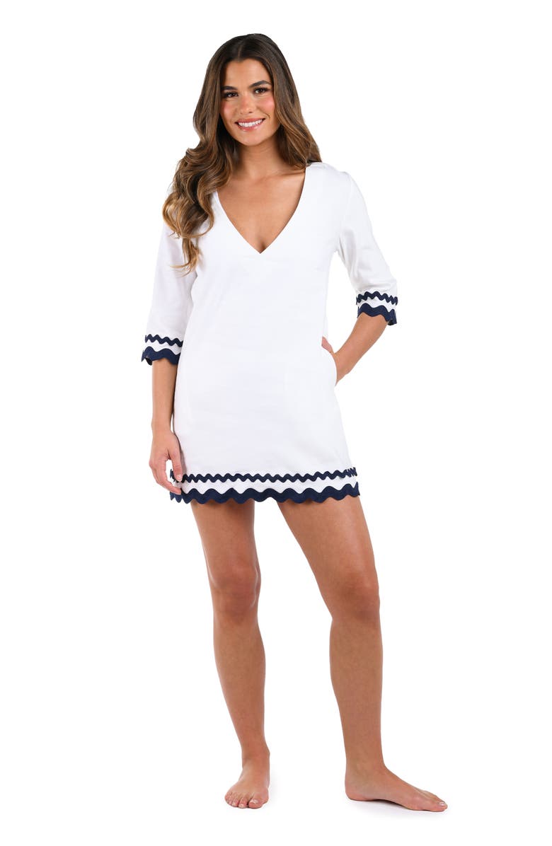 La Blanca Scallop Trim V-Neck Linen Blend Cover-Up Tunic, Alternate, color, White