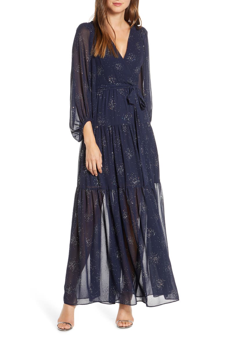Long Sleeve Glitter Chiffon Maxi Dress, Main, color, NAVY