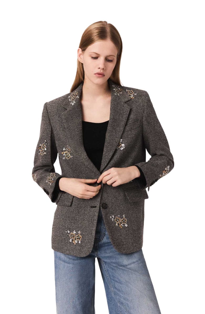 maje Tailored jacket with embroidered flowers, Alternate, color, Grey