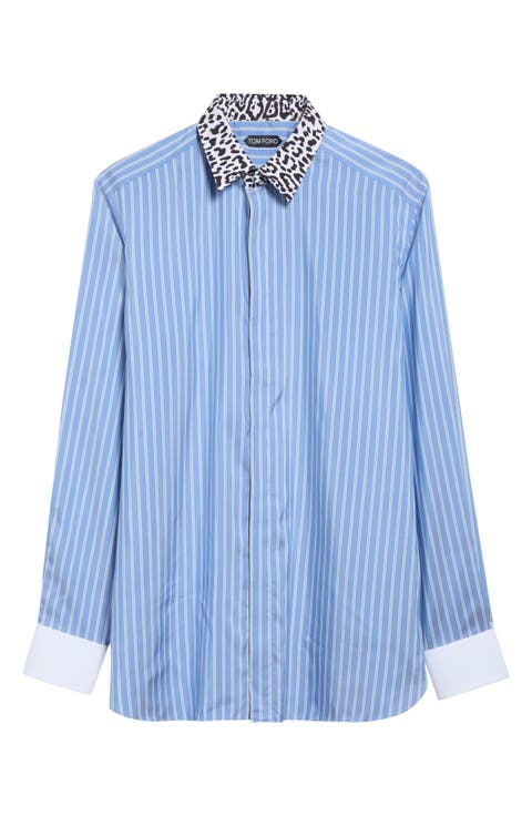Contrast Collar Track Stripe Silk Button-Up Shirt
