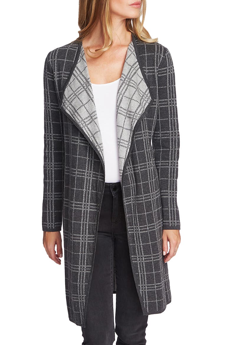 Plaid Open Front Combed Cotton Cardigan, Main, color, MED HEATHER GREY