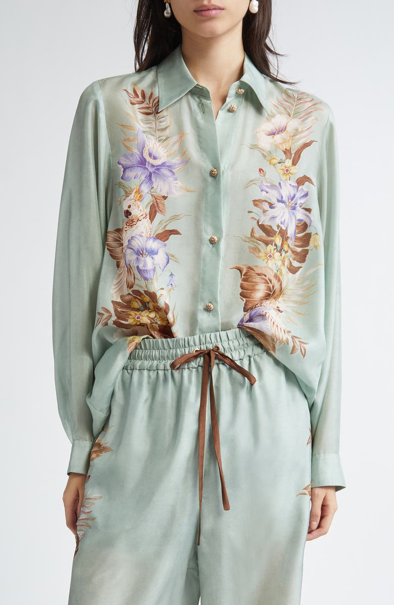 Zimmermann Coco Placed Print Silk Button-Up Shirt, Main, color, Sage Multi Floral