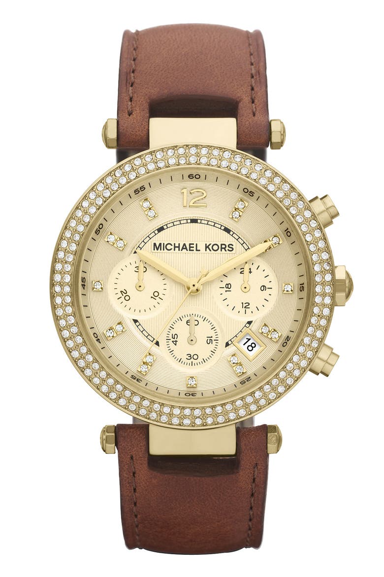 Michael Kors 'Parker' Chronograph Leather Watch, 39mm, Main, color, BROWN