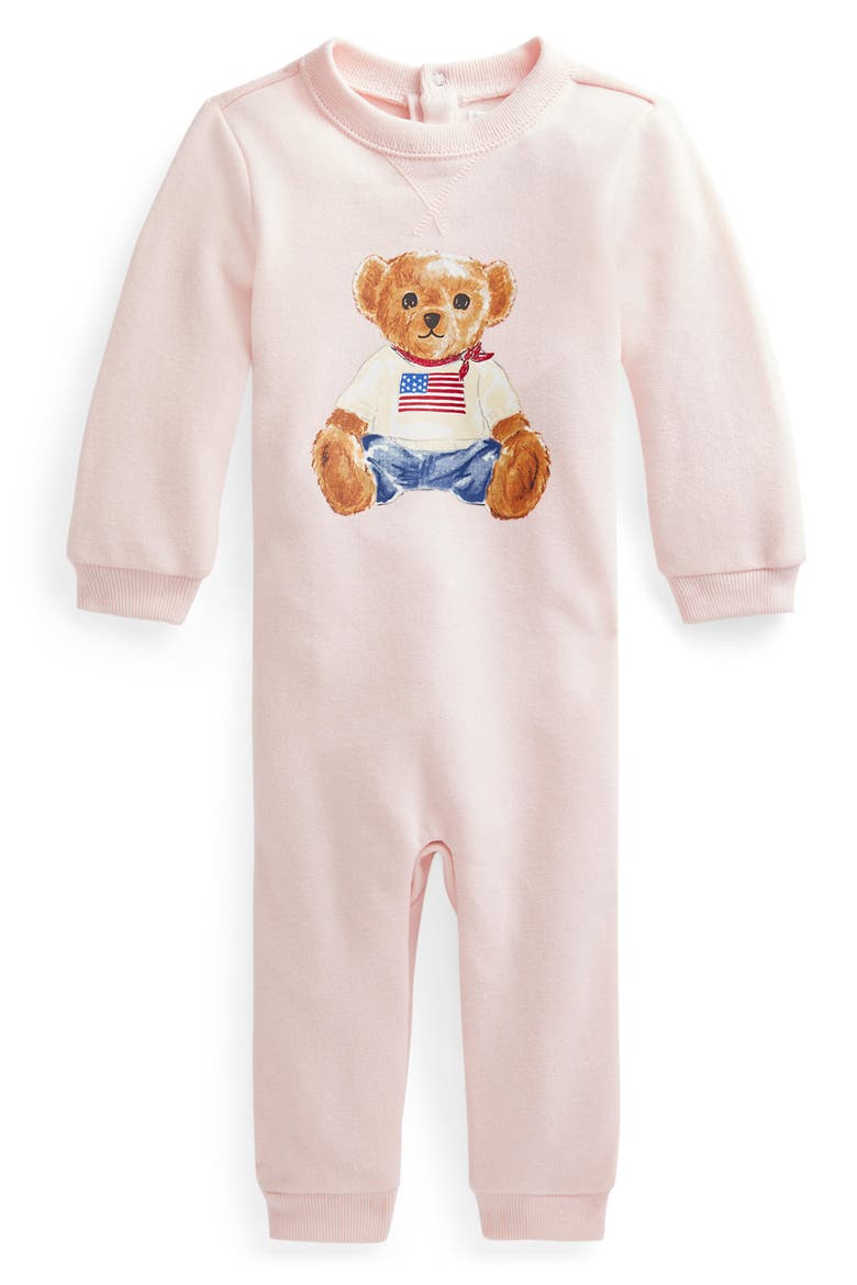 Polo Bear Graphic Fleece Romper, Main, color, DELICATE PINK