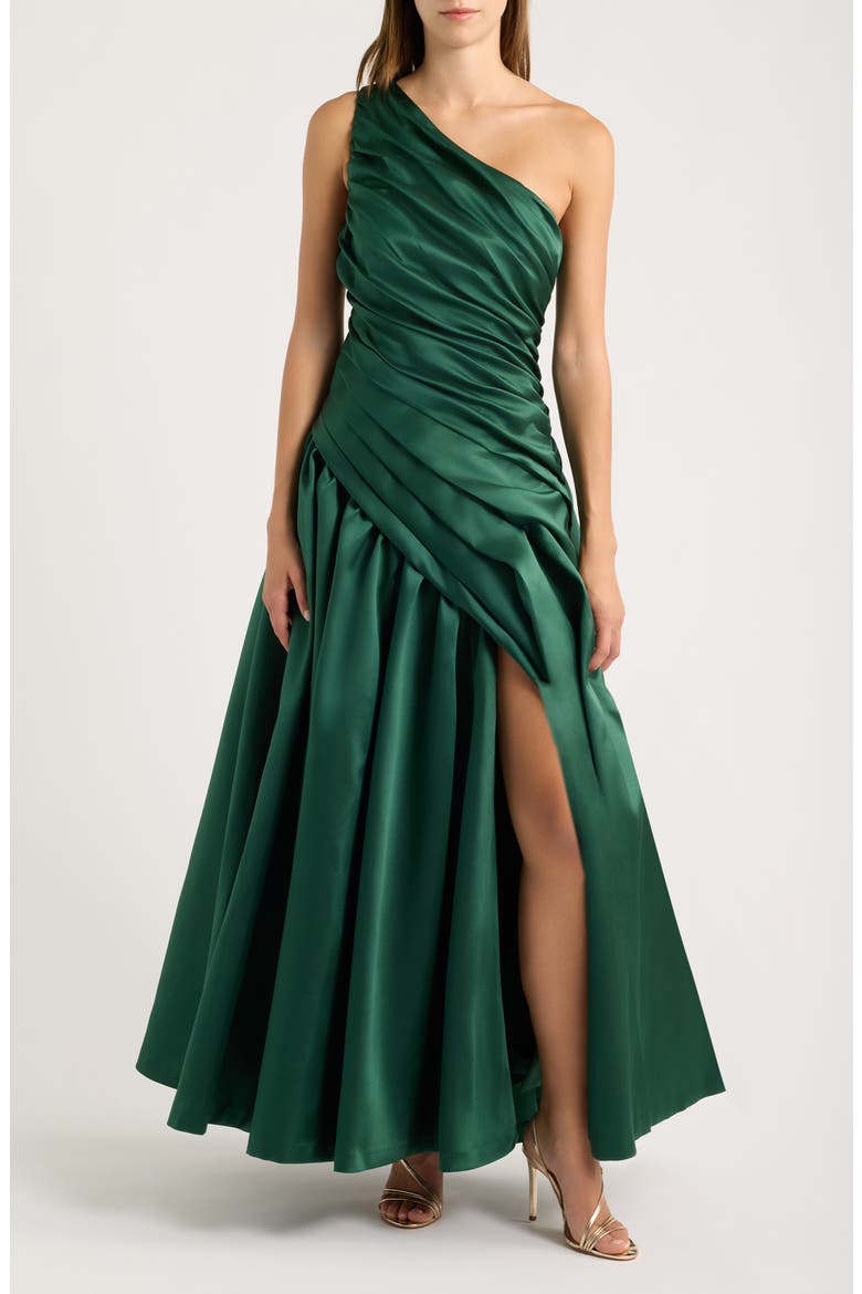 Lisa Ruched One-Shoulder Matte Satin Gown, Main, color, SPRUCE