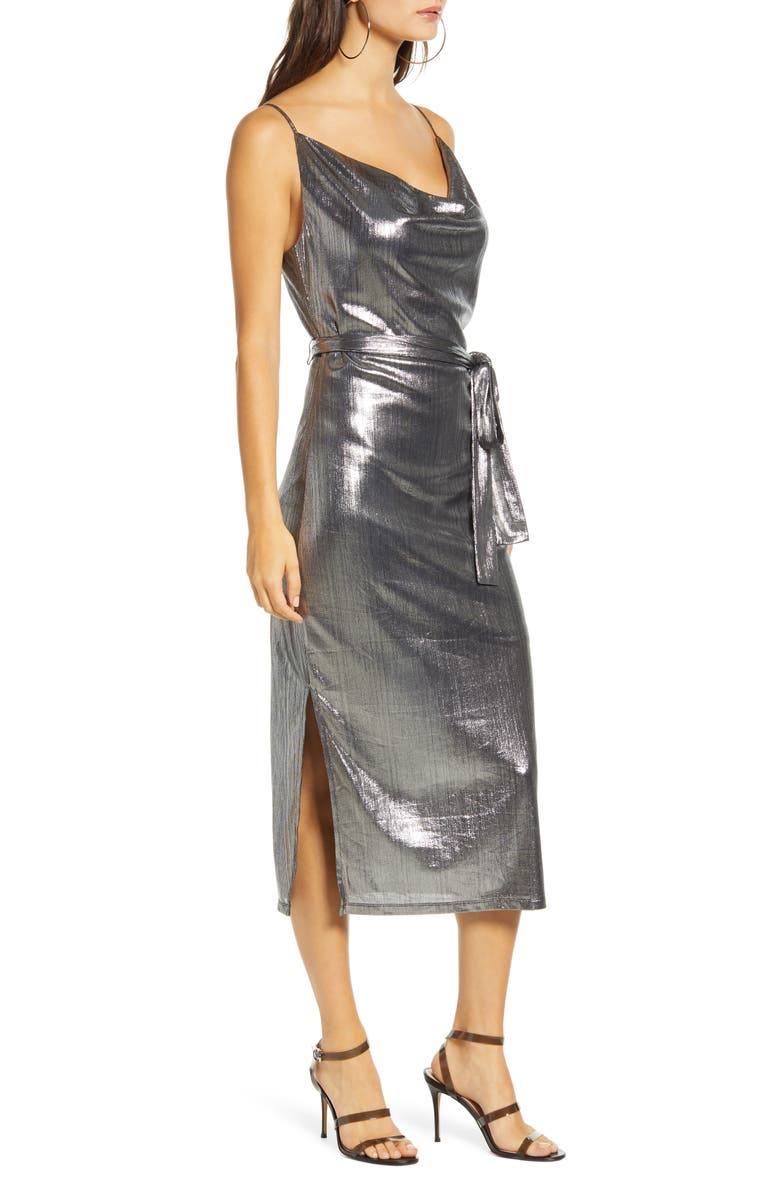 Endless Rose Cowl Neck Belted Metallic Dress, Alternate, color, 