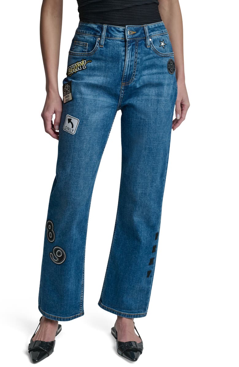 DKNY Appliqué Straight Leg Jeans, Main, color, Tribeca Wash
