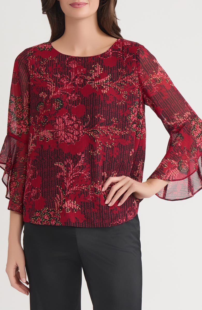 KASPER Print Ruffle Sleeve Top, Main, color, Black Multi