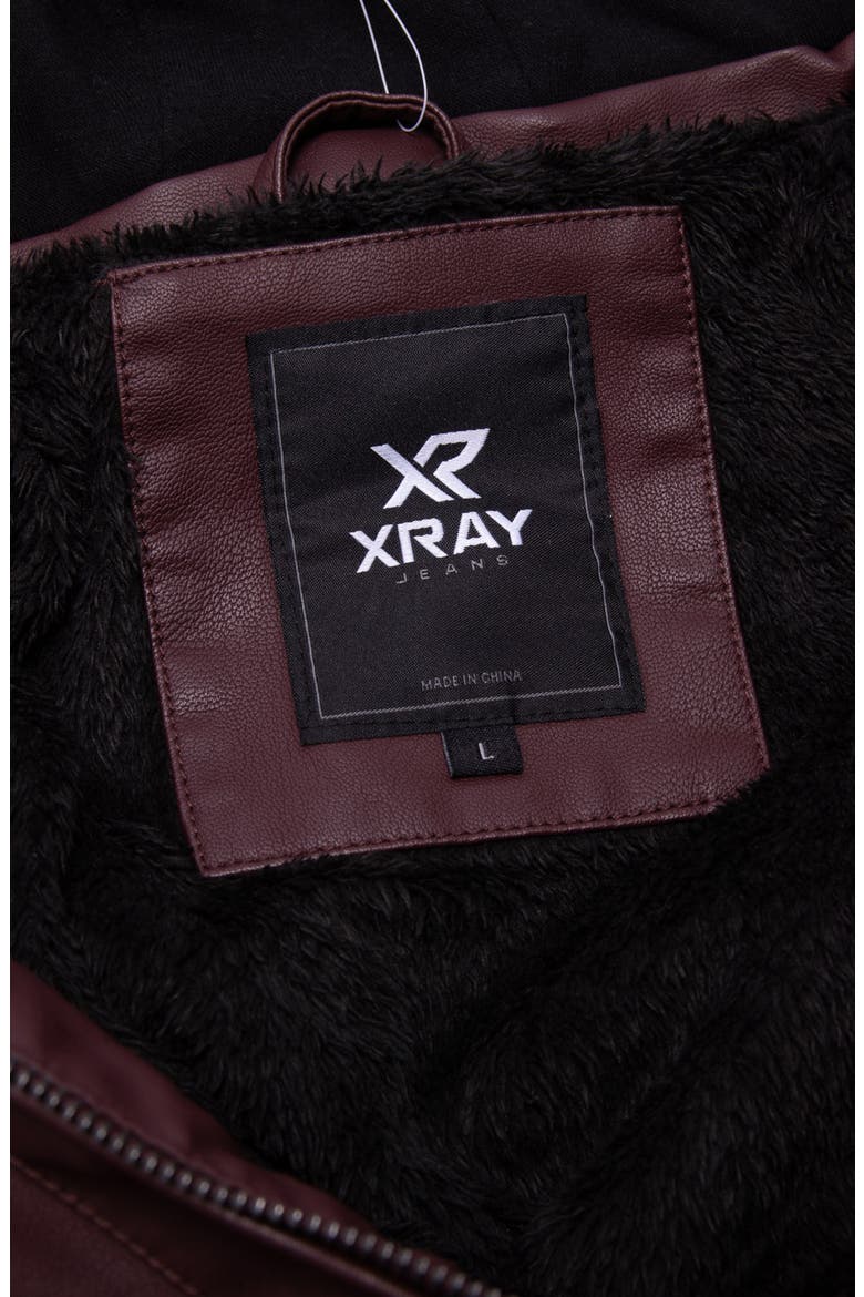 Faux Leather Hooded Moto Jacket with Faux Fur Lining, Alternate, color, BURGUNDY