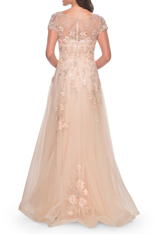 La Femme Tulle And Lace A-line Dress With Illusion Neckline And Short Sleeves In Champagne