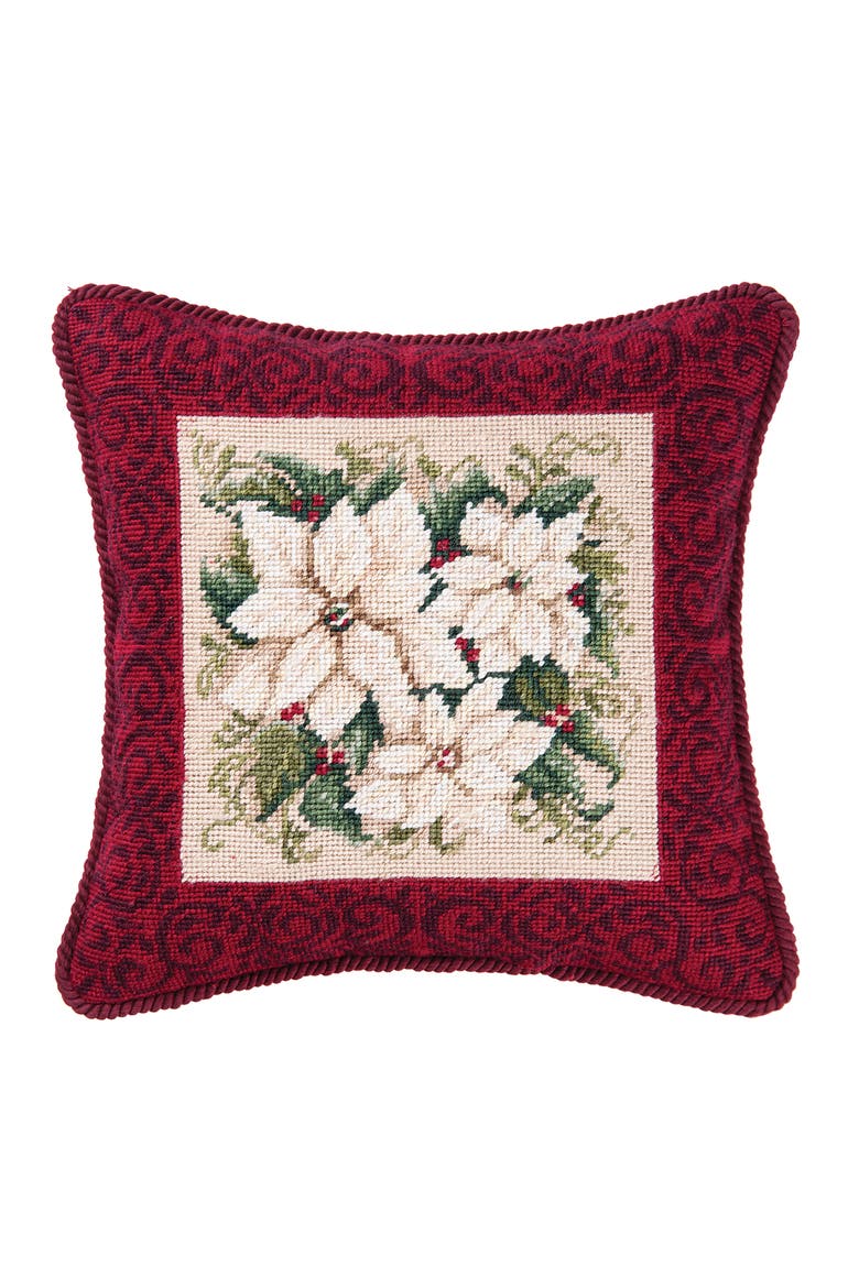White Poinsettia Needlepoint Pillow, 14" x 14", Main, color, Off-White