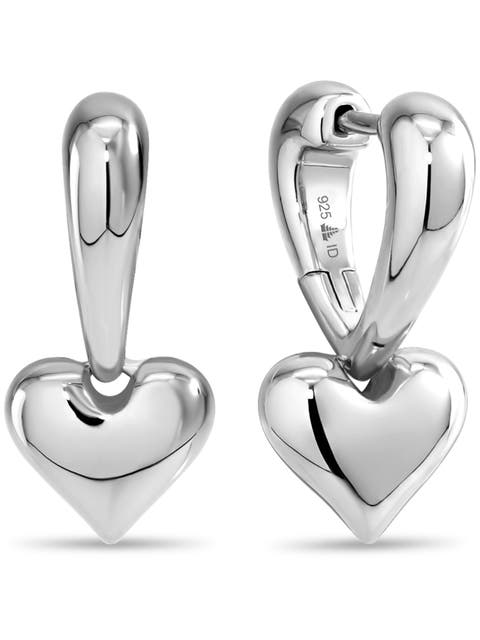 Sweet Heart Huggie Hoop Earrings in Rhodium Plated Sterling Silver