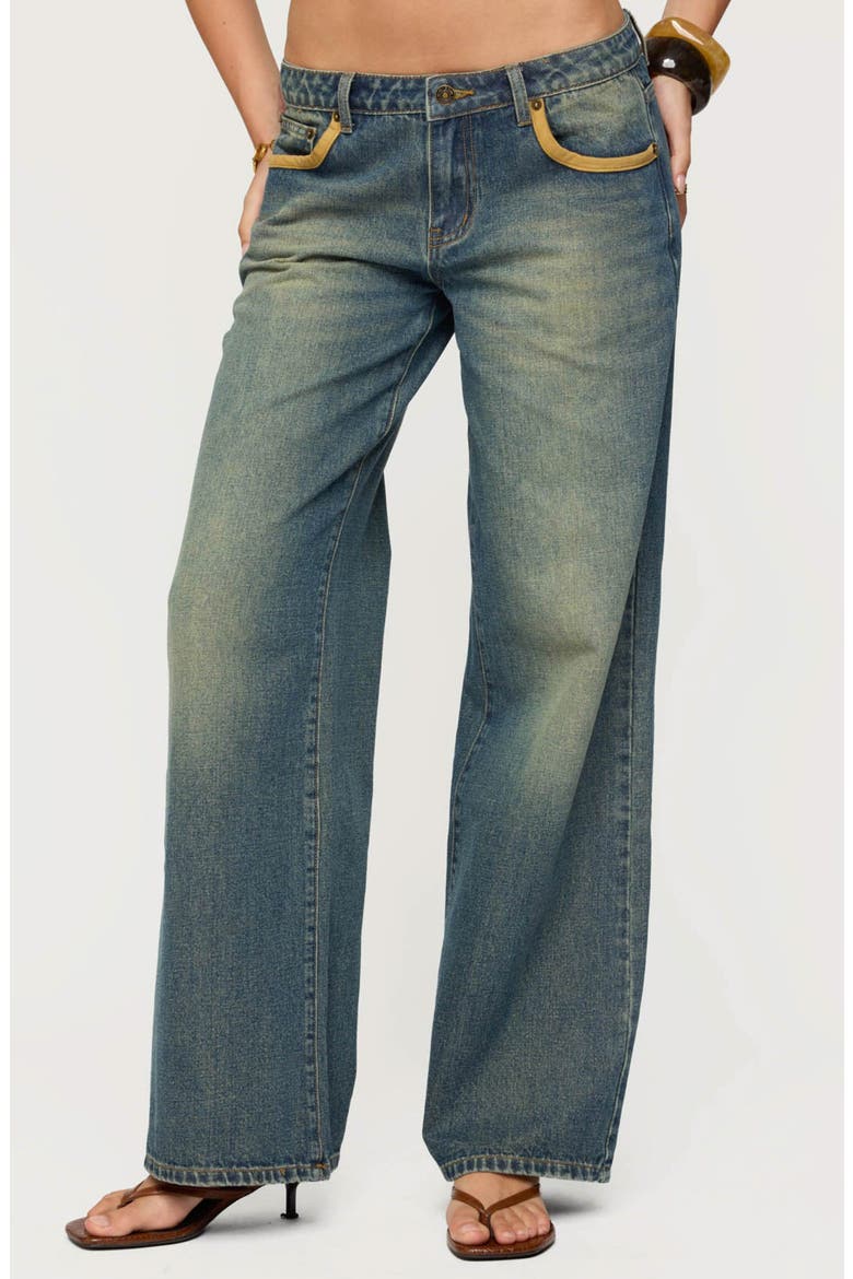 Faux Suede Trim Wide Leg Jeans, Main, color, BLUE-WASHED