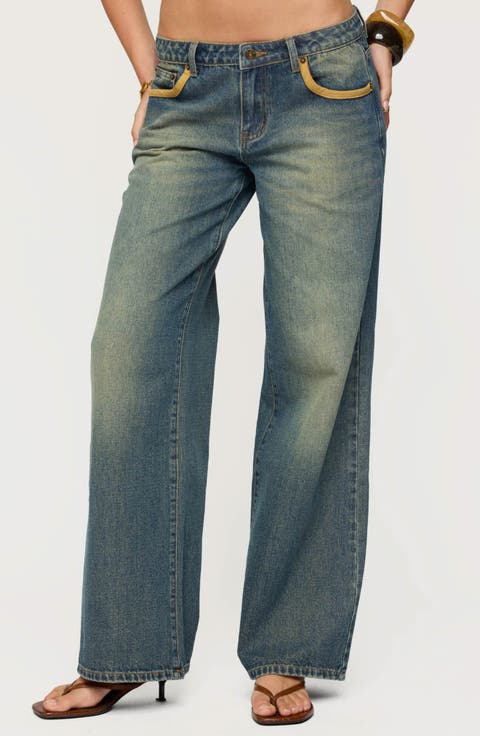 Faux Suede Trim Wide Leg Jeans