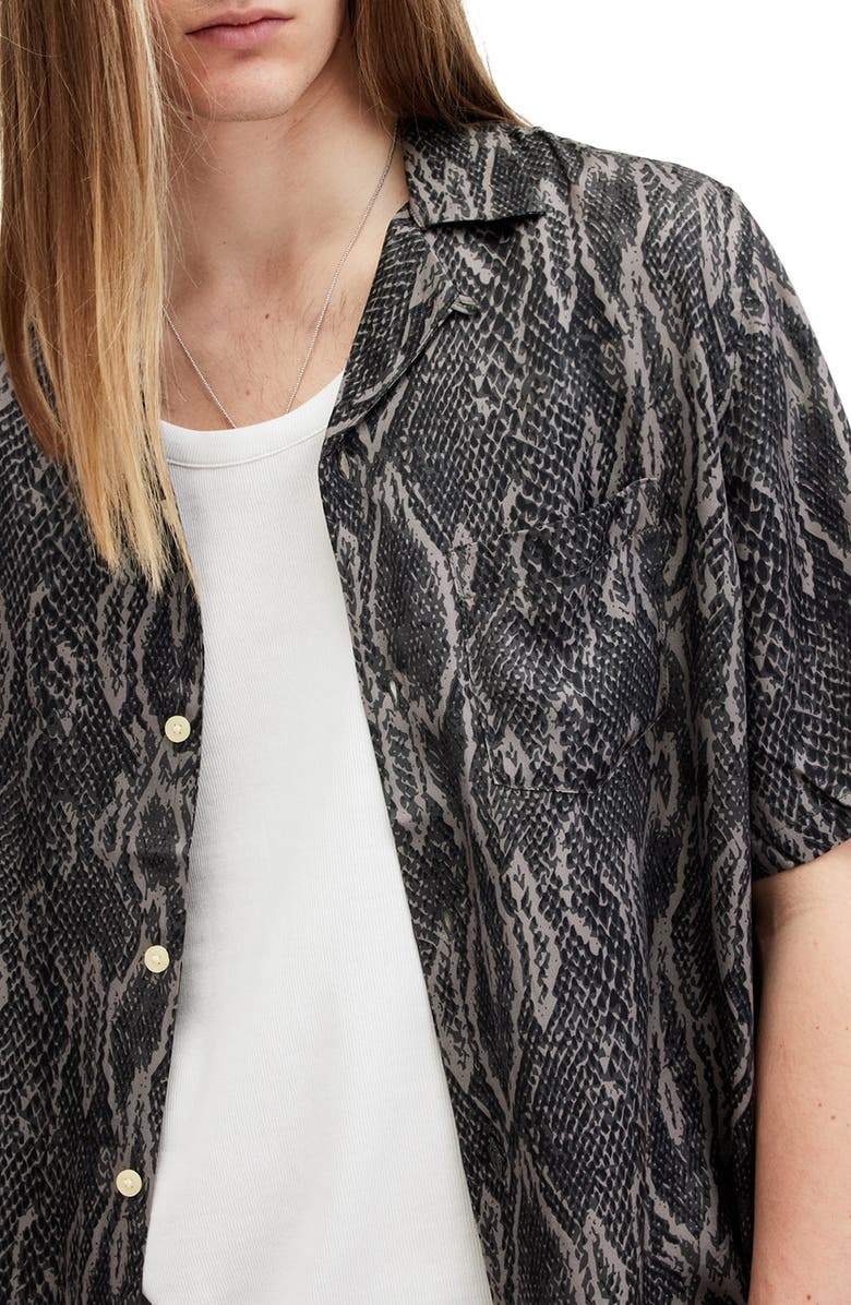 AllSaints Boomslang Snakeskin Print Camp Shirt, Alternate, color, 