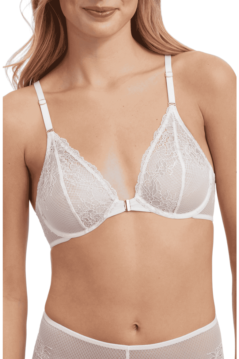 Flaunt Lace Front Close Underwire Bra, Main, color, White/Blue Breeze