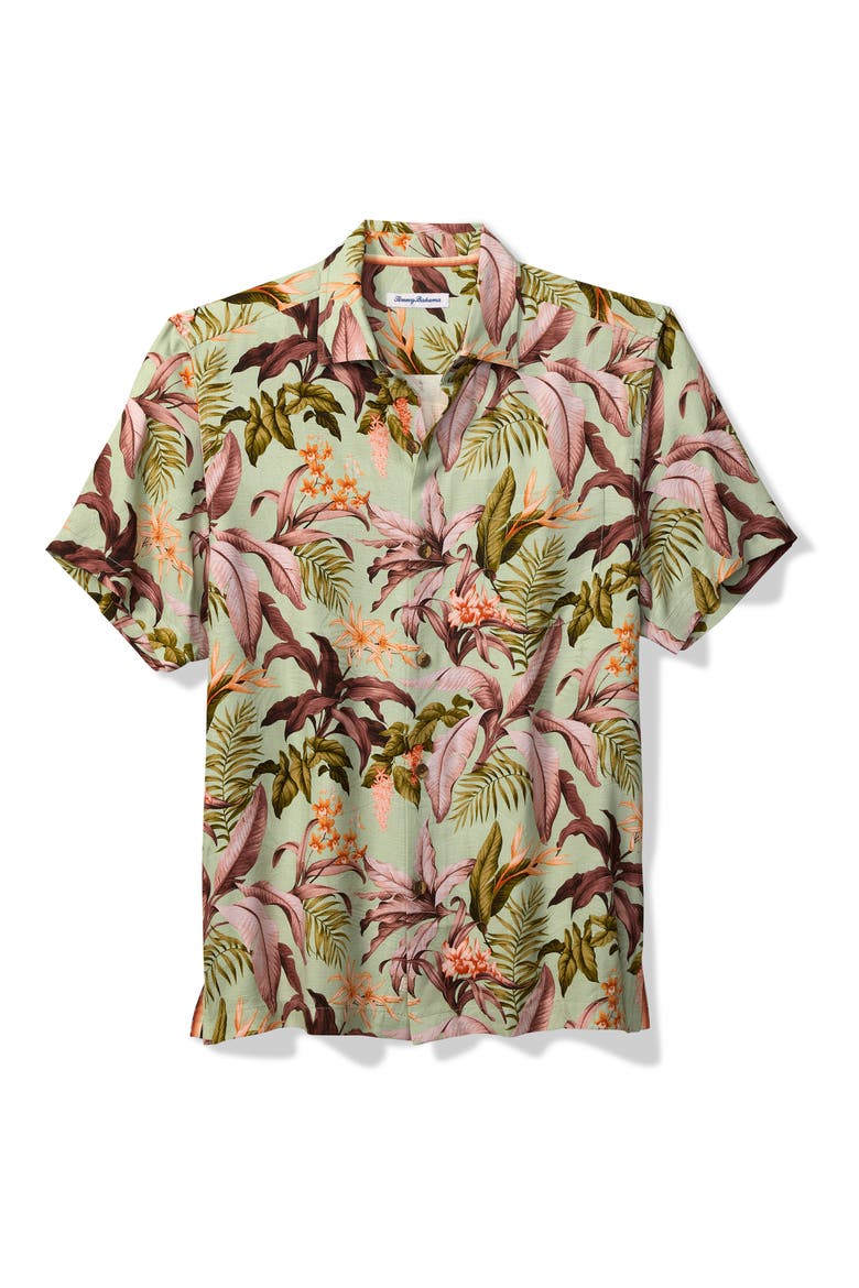 Jaded Blooms Short Sleeve Silk Button-Up Shirt, Main, color, MISTY JADE