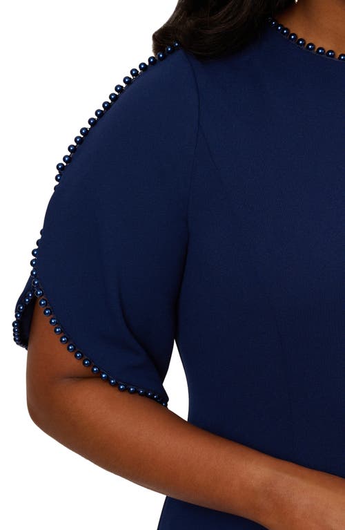 Adrianna Papell Imitation Pearl Detail Crepe Sheath Dress In Navy Sateen