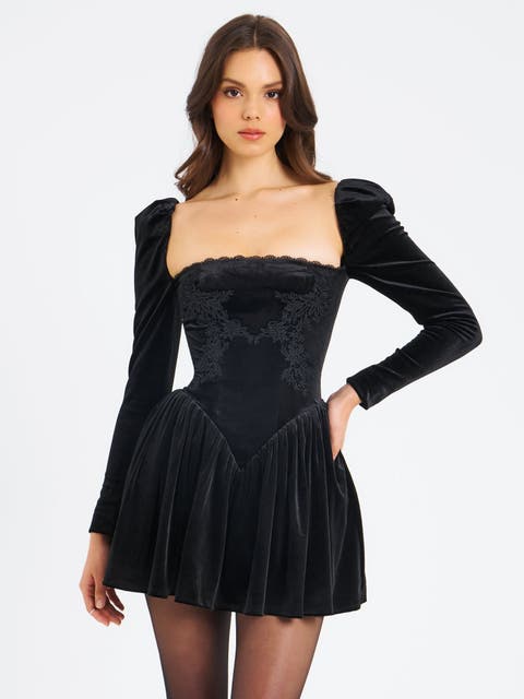 Yolanda Velvet Long Sleeve Mini Dress with Lace Trim
