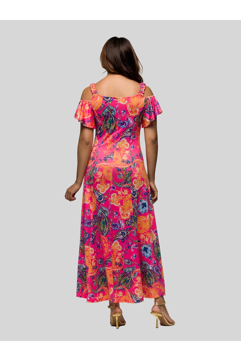 Pink Paisley Cold Sholder Ruffle Sleeve A-Line Maxi Dress, Alternate, color, Pink Multi