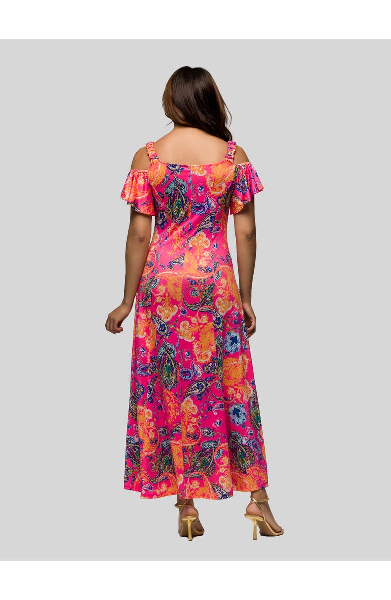 24seven Comfort Apparel Pink Paisley Cold Sholder Ruffle Sleeve A-Line Maxi Dress, Alternate, color, Pink Multi