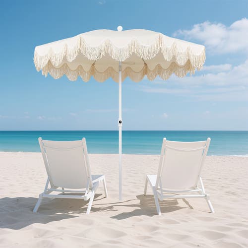 Jonathan Y Mariner 6.5 Ft. Classic Cottage Fringe Tassel Market Beach Umbrella With Push Button Tilt In Neutral