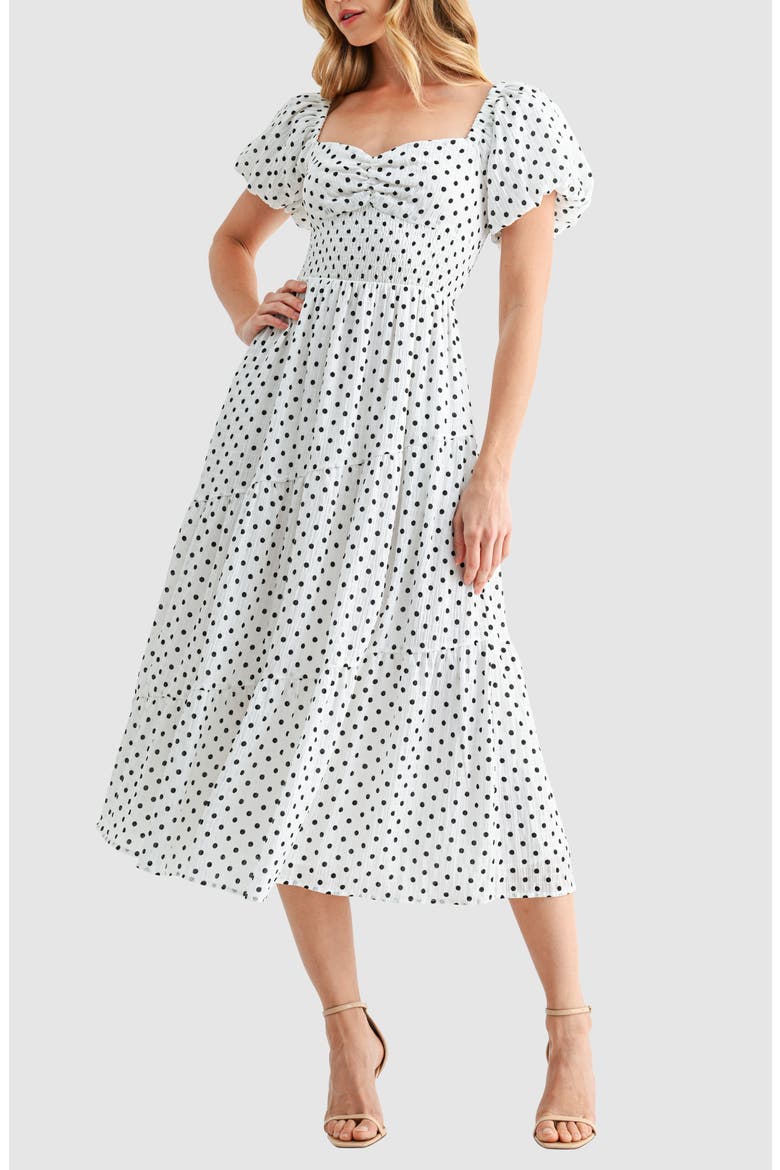 Polka Dot Smocked Midi Dress, Alternate, color, CREAM DOT
