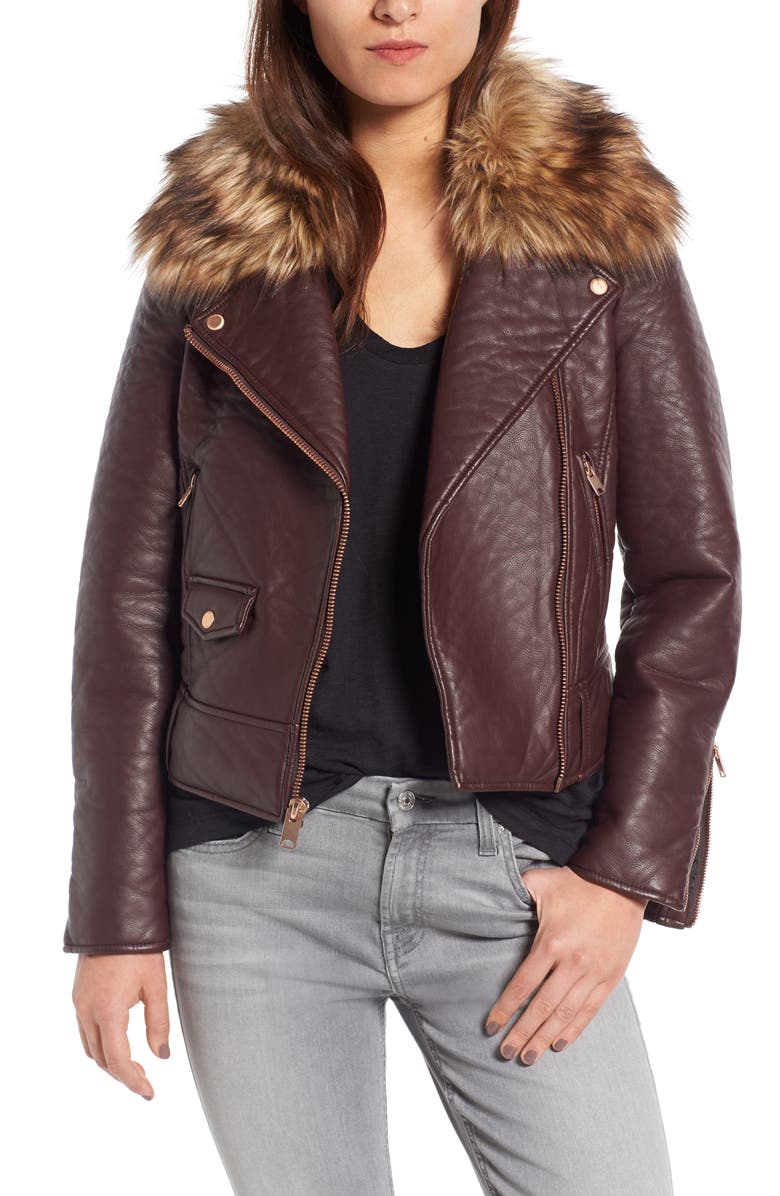 Marc New York Andrew Marc Beverly Faux Leather Jacket with Faux Fur Trim, Main, color, 