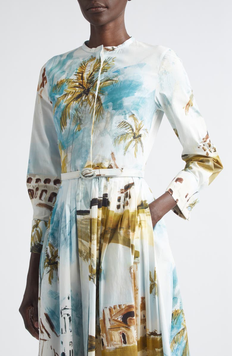 Oscar de la Renta Dominican Landscape Stretch Poplin Shirtdress, Alternate, color, Blue Green Mult