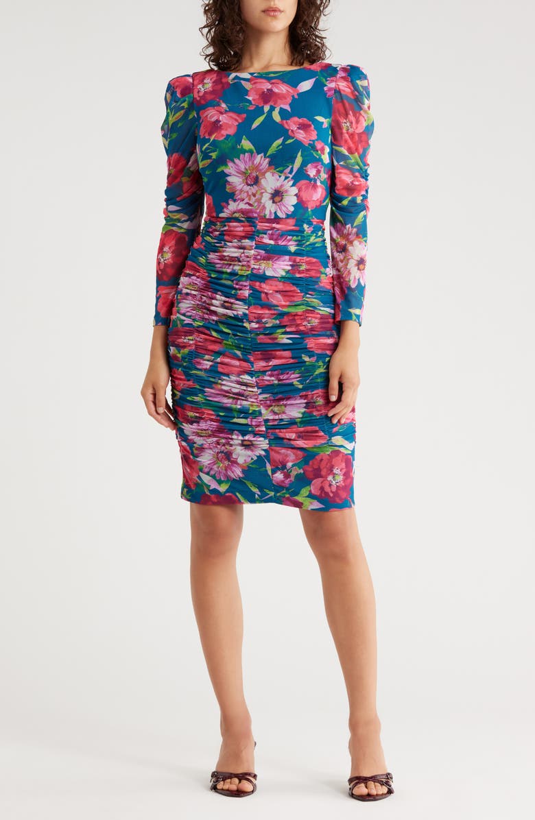 Eliza J Long Sleeve Ruched Skirt Dress, Main, color, Teal