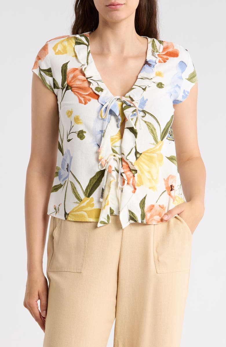 Ellen Tracy Ruffle Tie Front Top, Main, color, Whimsical Floral