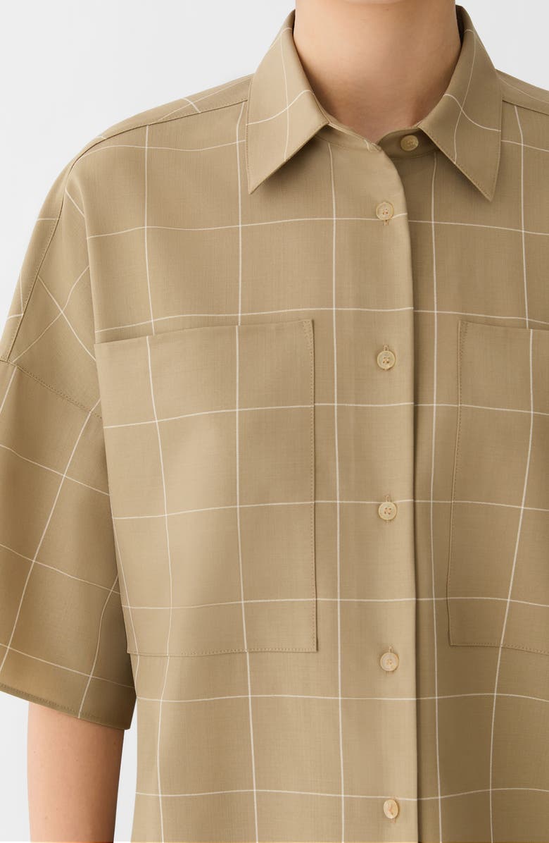 Lafayette 148 New York Workwear Garden Grid Tropical Merino Wool Blend Short Sleeve Button-Up Shirt, Alternate, color, Cadet Khaki Multi