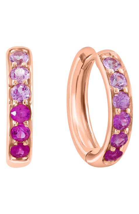 14K Rose Gold Plated Pink Sapphire Huggie Hoop Earrings