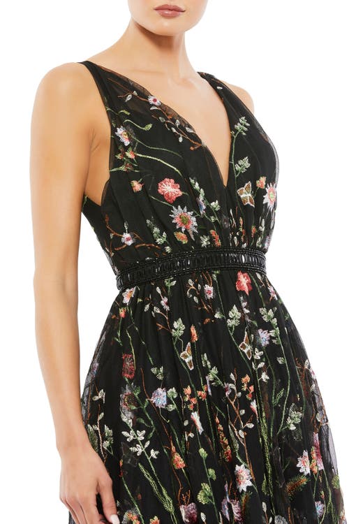 Mac Duggal Floral Embroidered Sleeveless Midi Dress In Black Multi