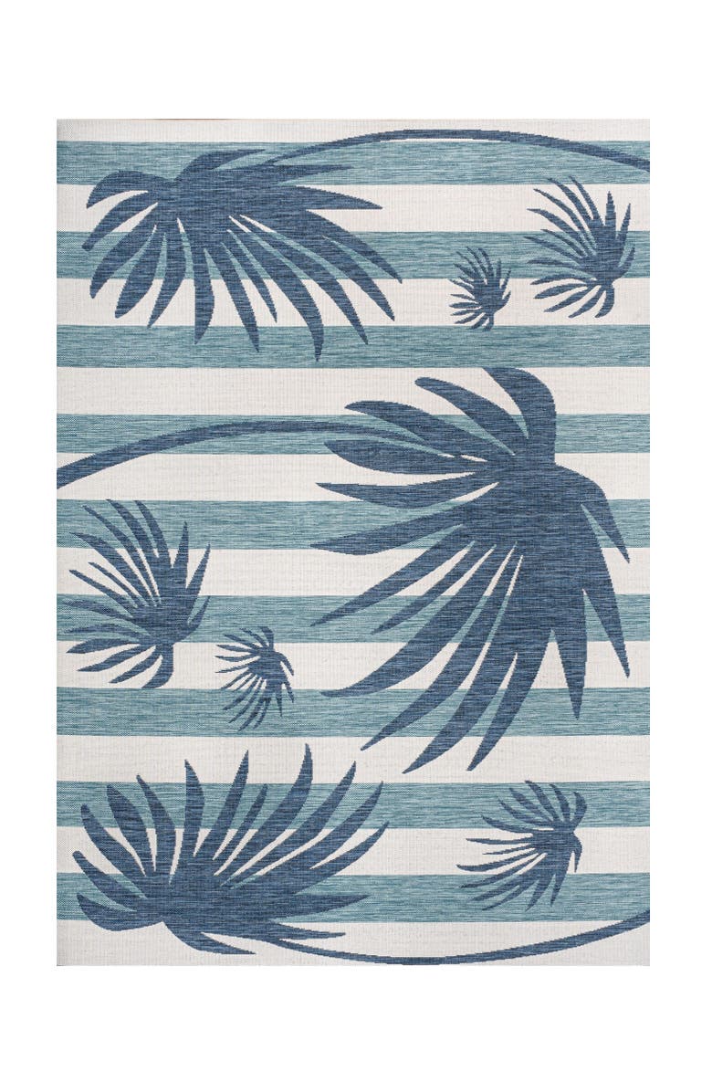 JONATHAN Y Veronica Classic Beach Stripe and Palm Leaf Indoor/Outdoor Rug, Alternate, color, Navy/Cream