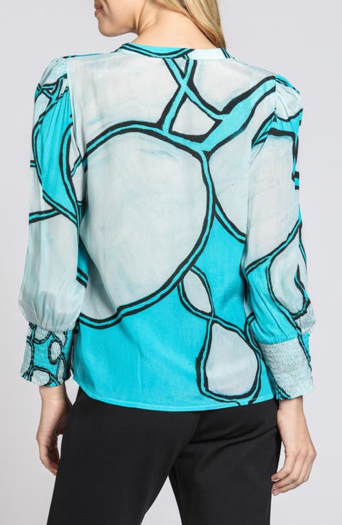 Apny Print Smocked Cuff Top In Turquoise Multi